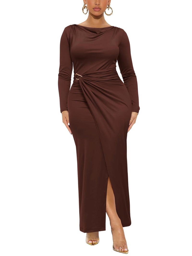 Ekaliy Womens Casual Long Sleeve Fitted Dress Cowl Neck Ruched Waist Bodycon Long Dress Brown 2XL - Image 1