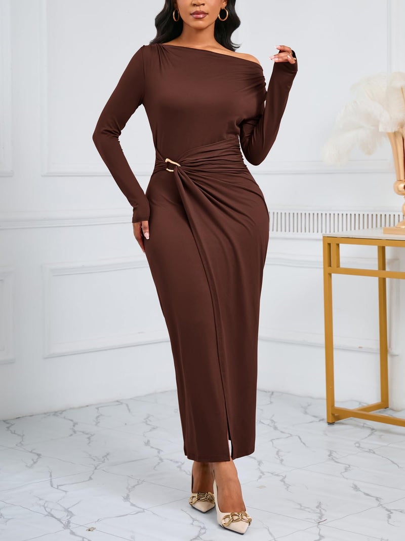 Ekaliy Womens Casual Long Sleeve Fitted Dress Cowl Neck Ruched Waist Bodycon Long Dress Brown 2XL - Image 3