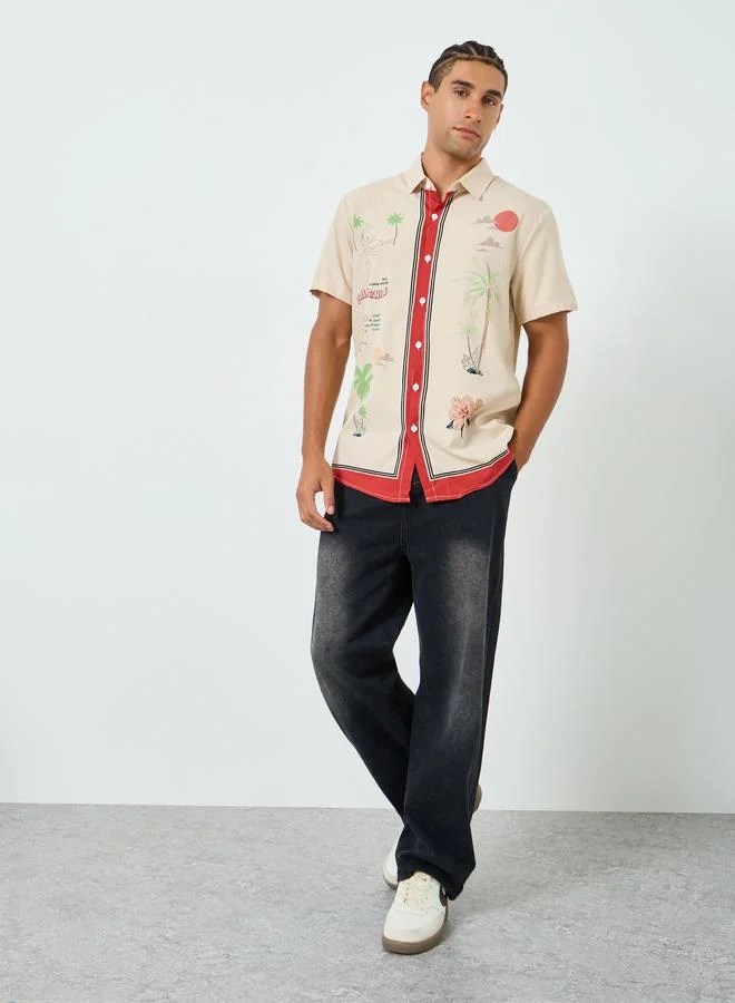تايك تو قميص رجالي بأكمام قصيرة وطبعة جرافيك لون بيج