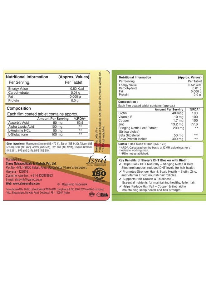 Shrey's Shrey’s L-Glutathione + DHT Blocker with Biotin | Skin Brightening, Detox & Hair Fall Control | With Zinc, ALA, Nettle & Vitamin C | 60 Tablets Each - 2 Product Combo - Image 2