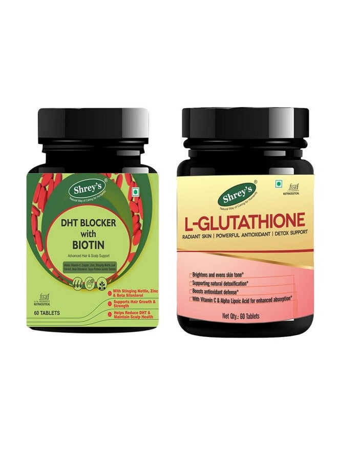 Shrey's Shrey’s L-Glutathione + DHT Blocker with Biotin | Skin Brightening, Detox & Hair Fall Control | With Zinc, ALA, Nettle & Vitamin C | 60 Tablets Each - 2 Product Combo - Image 1