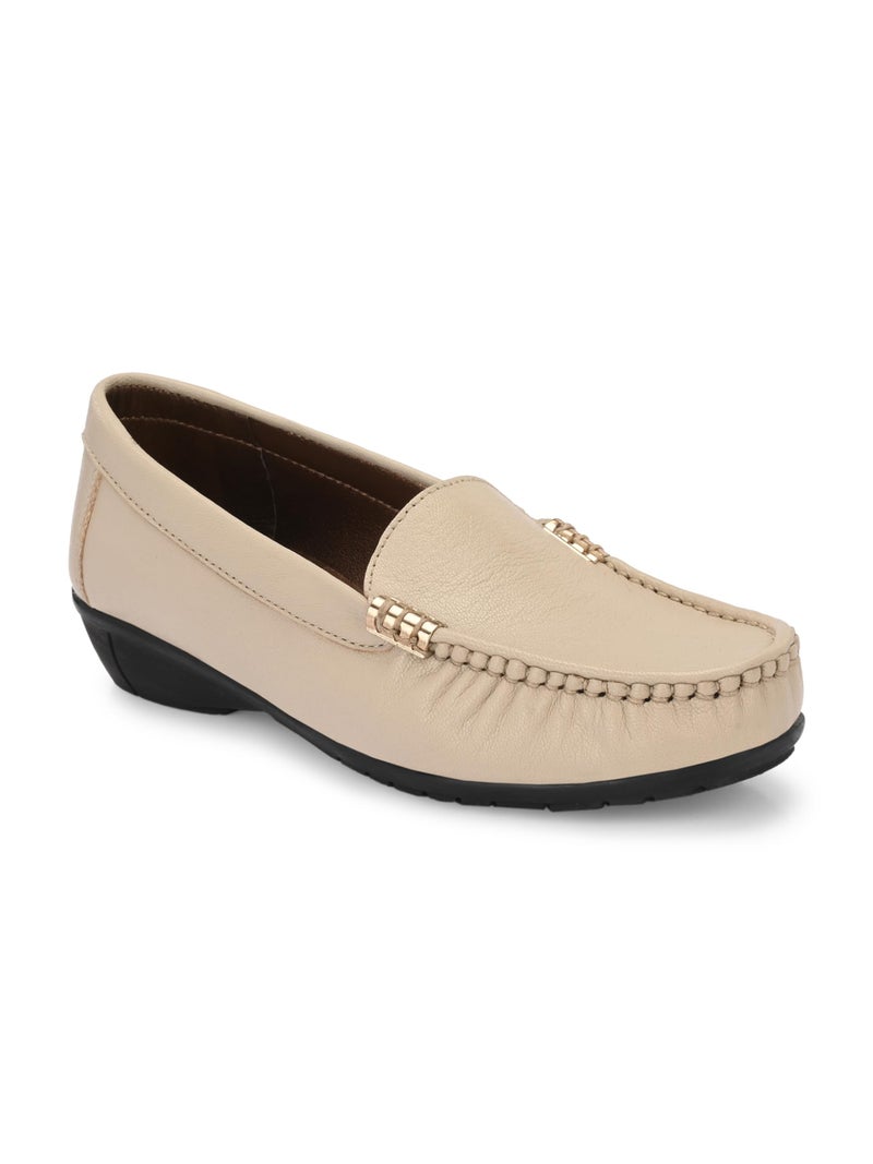 egoss Lady Boss X Premium Genuine Leather Loafer Casual Shoes for Women (Beige-5)-LD-228 - Image 1