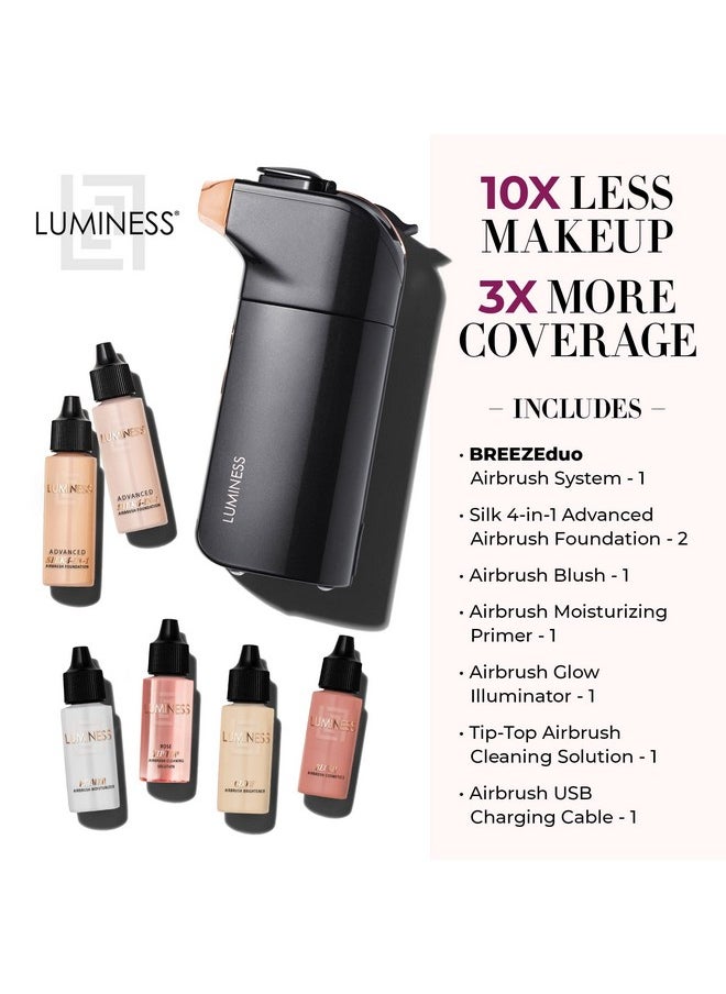 LUMINESS - Luminess BREEZE DUO Airbrush Makeup System, Fair Coverage - 9-Piece Kit includes 2x Silk Airbrush Foundation, Soft Rose Blush, Glow Highlighter, Moisturizer Primer, and Airbrush Cleaning Solution - Image 1