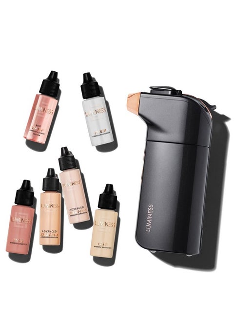 Luminess BREEZE DUO Airbrush Makeup System, Fair Coverage - 9-Piece Kit includes 2x Silk Airbrush Foundation, Soft Rose Blush, Glow Highlighter, Moisturizer Primer, and Airbrush Cleaning Solution