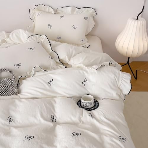 AMZTOP Brushed Wash for Softness 3-Piece Duvet Cover Set,1 Duvet Cover and 2 Pillowcases,Black Bow Ruffles Bedding Set for Fall Winter,Cute Coquette Comforter Covers with Ties Twin Size 80"×90” - Image 1