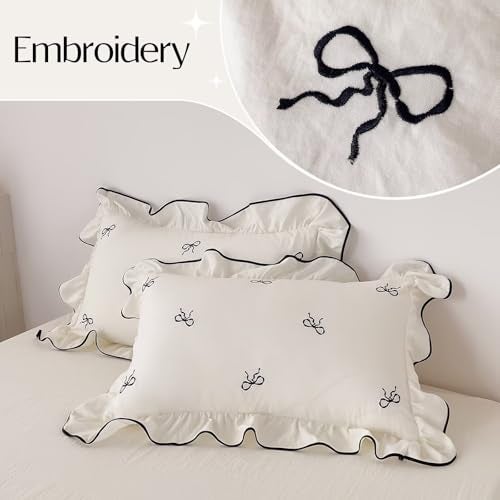 AMZTOP Brushed Wash for Softness 3-Piece Duvet Cover Set,1 Duvet Cover and 2 Pillowcases,Black Bow Ruffles Bedding Set for Fall Winter,Cute Coquette Comforter Covers with Ties Twin Size 80"×90” - Image 4