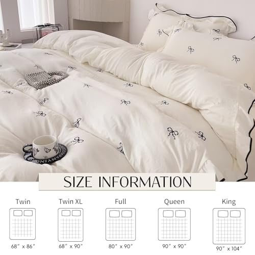 AMZTOP Brushed Wash for Softness 3-Piece Duvet Cover Set,1 Duvet Cover and 2 Pillowcases,Black Bow Ruffles Bedding Set for Fall Winter,Cute Coquette Comforter Covers with Ties Twin Size 80"×90” - Image 5