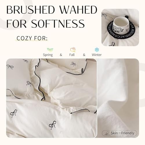 AMZTOP Brushed Wash for Softness 3-Piece Duvet Cover Set,1 Duvet Cover and 2 Pillowcases,Black Bow Ruffles Bedding Set for Fall Winter,Cute Coquette Comforter Covers with Ties Twin Size 80"×90” - Image 3