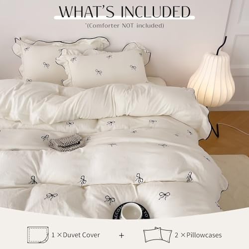 AMZTOP Brushed Wash for Softness 3-Piece Duvet Cover Set,1 Duvet Cover and 2 Pillowcases,Black Bow Ruffles Bedding Set for Fall Winter,Cute Coquette Comforter Covers with Ties Twin Size 80"×90” - Image 2