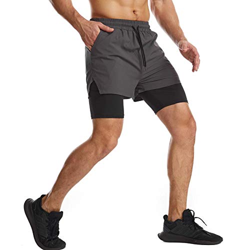 Surenow Mens 2 in 1 Running Shorts Quick Dry Athletic Shorts with Liner, Workout Shorts with Zip Pockets and Towel Loop Dark Grey - Image 3
