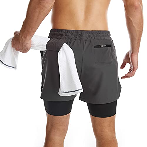 Surenow Mens 2 in 1 Running Shorts Quick Dry Athletic Shorts with Liner, Workout Shorts with Zip Pockets and Towel Loop Dark Grey - Image 2