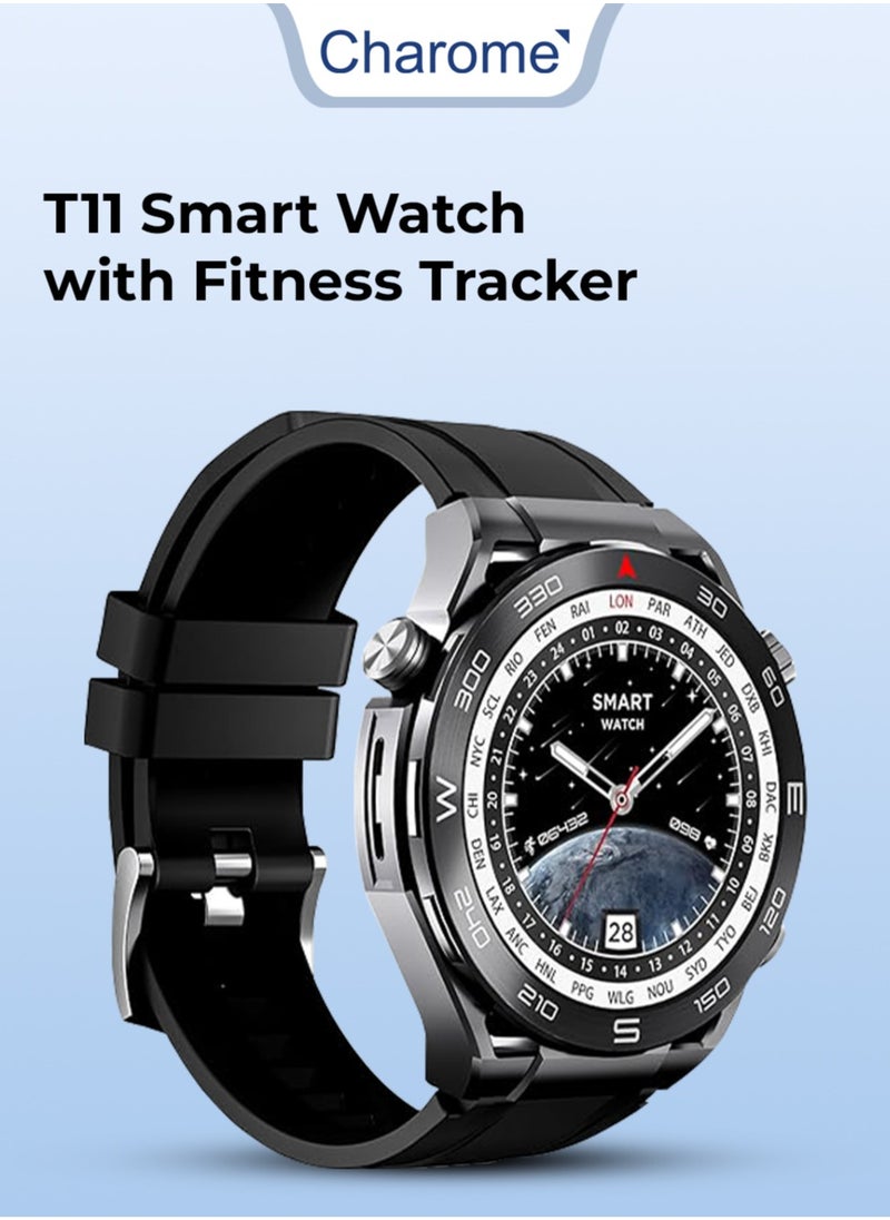 glassology Charome T11 Smart Watch with Fitness Tracker Heart Rate Monitor Long Battery Life Water Resistant Compatible with iOS and Android in Elegant Black.  - Image 1