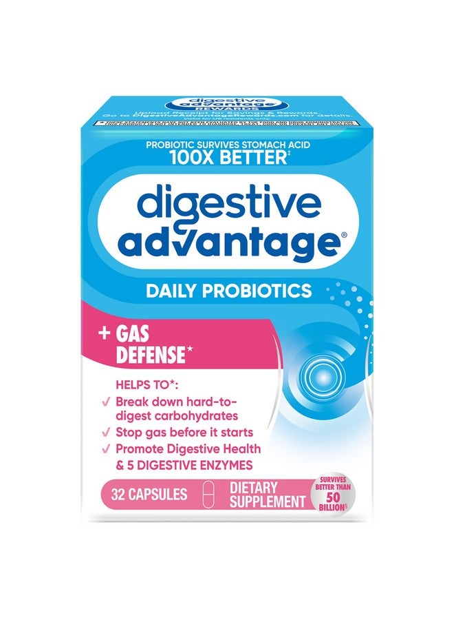 Digestive Advantage Gas Defense, Daily Probiotics for Women & Men Digestive Health with 5 Digestive Enzymes, Supports Gut Health & Stops Gas Before Start, with Immune Support, 32 Capsules - Image 1