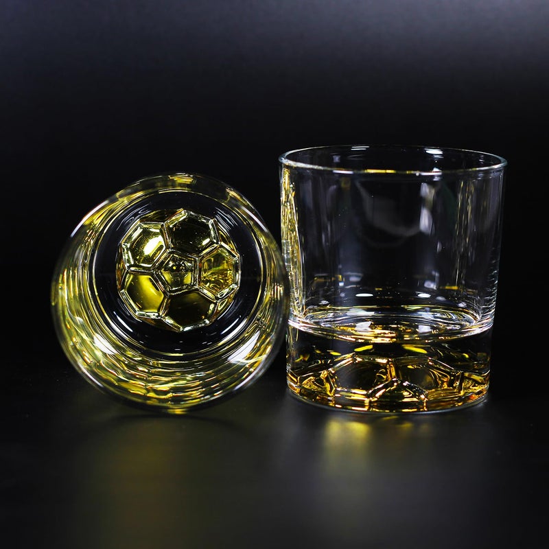 Melbify Football Whiskey Glass Set of 2 300 ml Golden Plated Whiskey Glass Premium Unique Big Broad Royal High end Expensive Whiskey Glass Gift Set for Soccer Lovers - Image 1