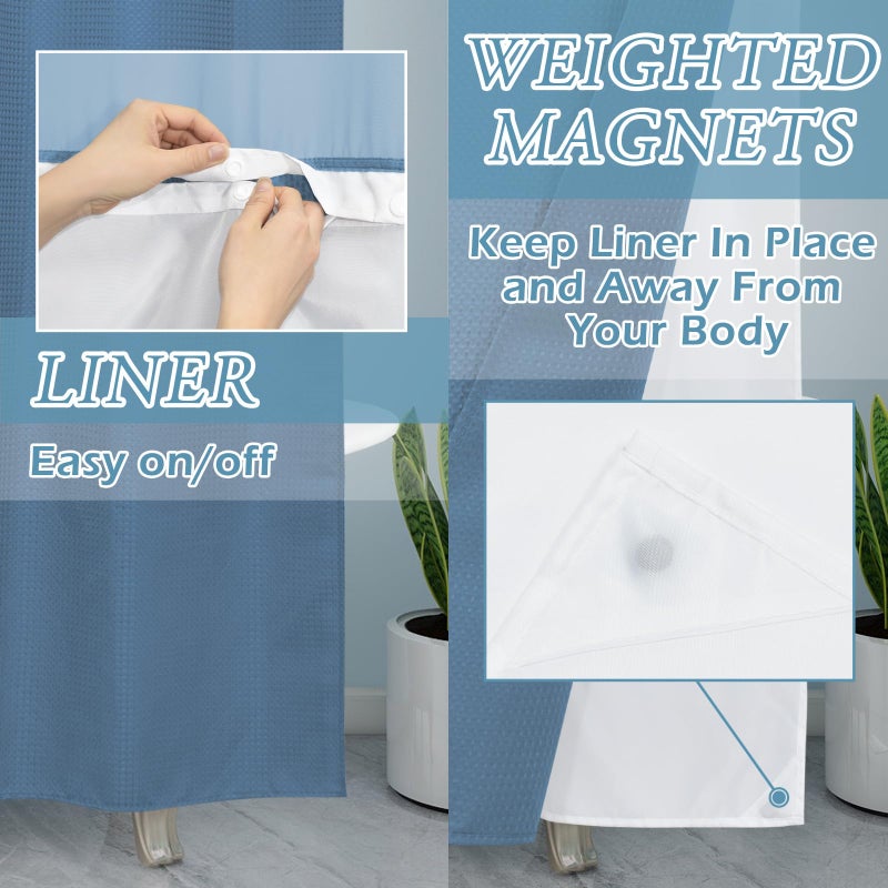 EUTXL Moonlight Blue Stall No Hook Shower Stain with Snap in Liner 230GSM WAFFLE WEEVE SERTAINS BOURN - Image 3