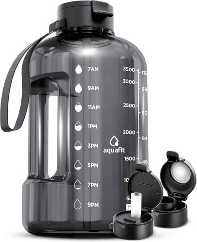 AQUAFIT 1 Gallon Water Bottle with Time Marker - Straw & Chug Lid - BPA Free Gym Water Bottle with Straw - Big Gallon Jug (Gray, 128 oz - 2 Lids) - Image 1