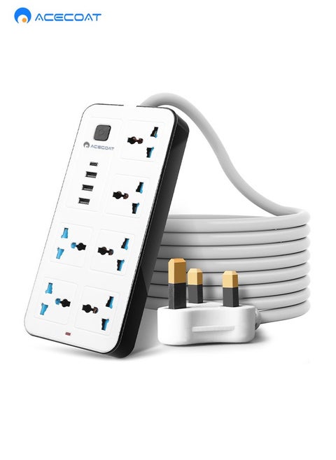 سلك تمديد عالمي من  5 مقابس طاقة و4 فتحات USB بطول 2 متر، شريط طاقة رباعي الاتجاهات مع فتحة شحن USB نوع C بي دي، وصلة تمديد - ابيض 2 متر
