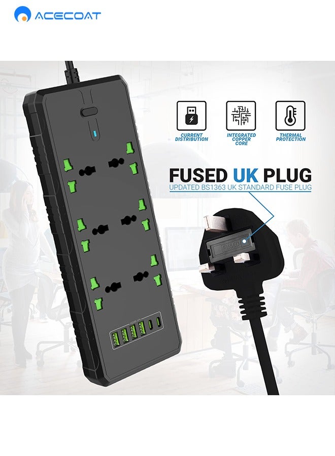 ACECOAT Universal Extension Lead with USB C Ports | Power Strip with Switch, 6 Way Outlets, 6 USB(3.1A, 2 Type C and 4 USB-A Port) | Surge Protection, 2 Meter Long Cord, Overload Switch, Protected Indicator Light, Multiple Protections for Home Office, Black - Image 3