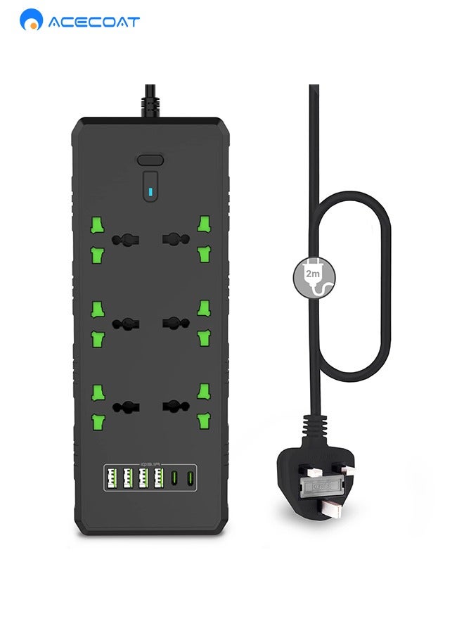 ACECOAT Universal Extension Lead with USB C Ports | Power Strip with Switch, 6 Way Outlets, 6 USB(3.1A, 2 Type C and 4 USB-A Port) | Surge Protection, 2 Meter Long Cord, Overload Switch, Protected Indicator Light, Multiple Protections for Home Office, Black - Image 1