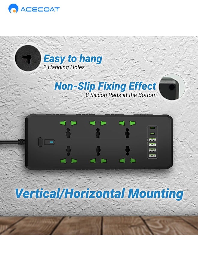 ACECOAT Universal Extension Lead with USB C Ports | Power Strip with Switch, 6 Way Outlets, 6 USB(3.1A, 2 Type C and 4 USB-A Port) | Surge Protection, 2 Meter Long Cord, Overload Switch, Protected Indicator Light, Multiple Protections for Home Office, Black - Image 4