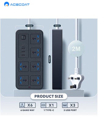 Extension Cord Protector Power Strip with 6 Outlets, 3 USB-A Ports, 1 Type-C Port, Flat Plug, Wall Mountable, Desk USB Charging Station, Ideal for All Electronic Devices, Black - view 2