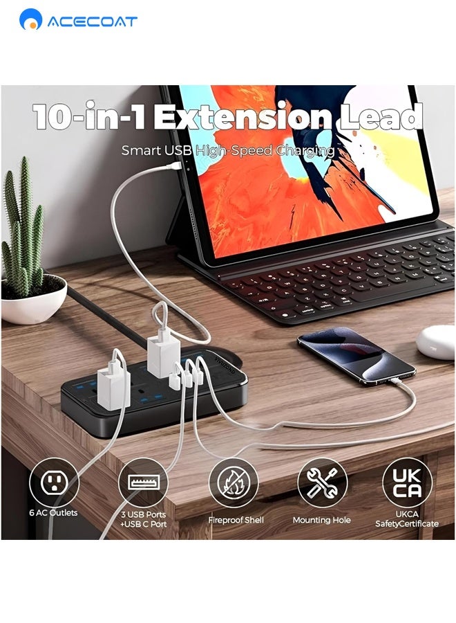 ACECOAT Extension Cord Protector Power Strip with 6 Outlets, 3 USB-A Ports, 1 Type-C Port, Flat Plug, Wall Mountable, Desk USB Charging Station, Ideal for All Electronic Devices, Black - Image 2