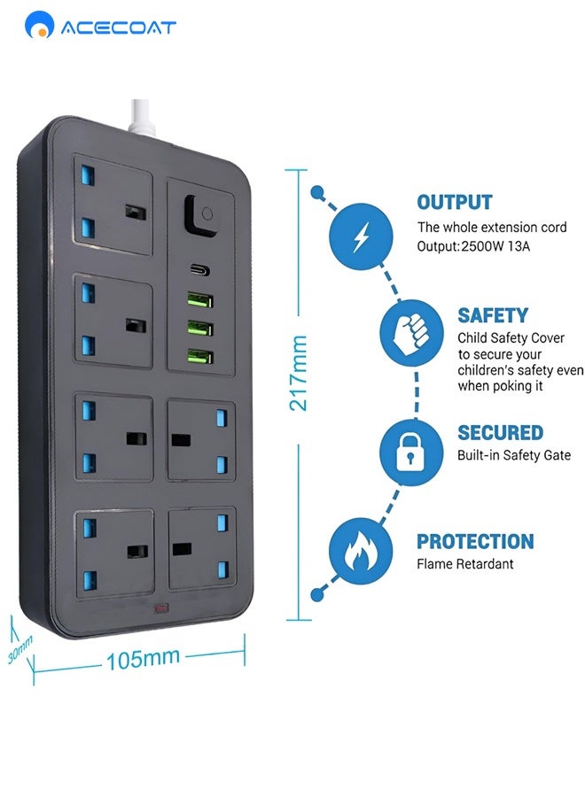 ACECOAT Extension Cord Protector Power Strip with 6 Outlets, 3 USB-A Ports, 1 Type-C Port, Flat Plug, Wall Mountable, Desk USB Charging Station, Ideal for All Electronic Devices, Black - Image 3