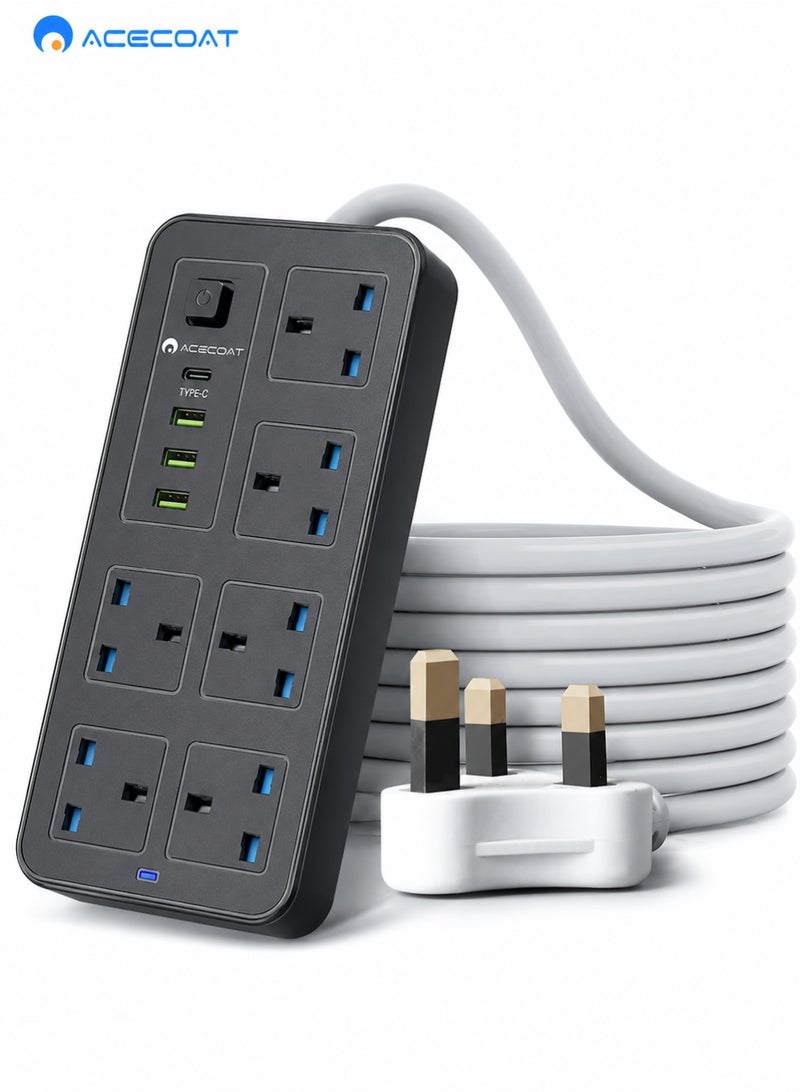 ACECOAT Extension Cord Protector Power Strip with 6 Outlets, 3 USB-A Ports, 1 Type-C Port, Flat Plug, Wall Mountable, Desk USB Charging Station, Ideal for All Electronic Devices, Black - Image 1