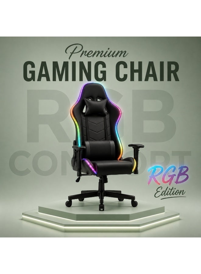 كرسي ألعاب بإضاءة RGB LED وكسوة جلد PU، مساند ذراع قابلة للتعديل، وسادتا رأس وظهر، إمالة حتى 135° ودوران 360° - Image 1