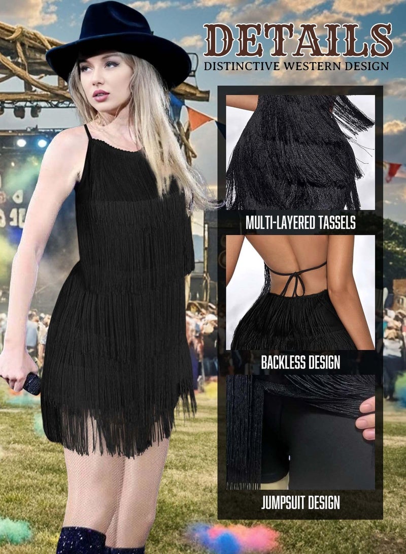 EVELUST Womens Country Concert Fringe Dress - Western Cowgirl Outfit Backless Halter Elastic Jumpsuit Rodeo Festival Romper(Black,S,1074e) - Image 4