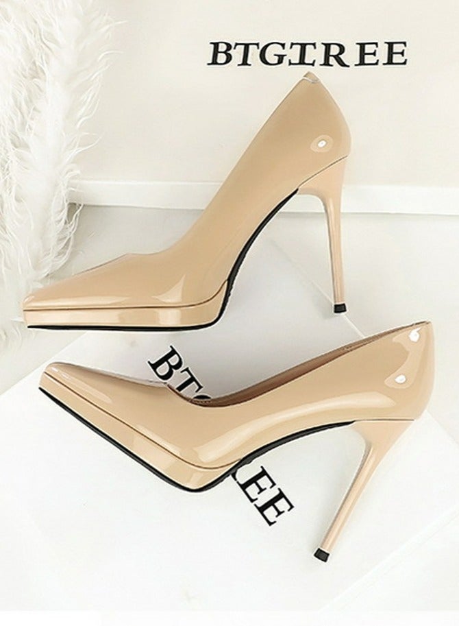 بيج تري Women's Closed Pointed Toe Pumps Patent Leather High Heels 10.5CM Khaki  Women's Closed Pointed Toe Pumps Patent Leather High Heels 10.5CM Khaki  المرأة مغلقة أشارت إصبع القدم مضخات براءة اختراع الجلد الكعب العالي 10.5CM خاكي - Image 3