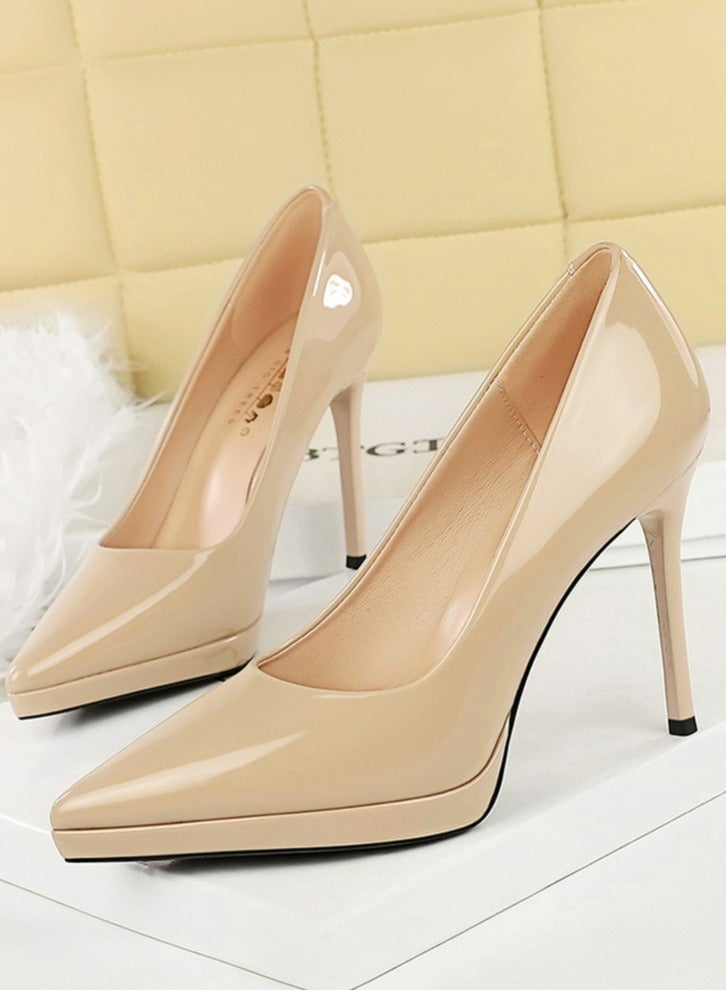 بيج تري Women's Closed Pointed Toe Pumps Patent Leather High Heels 10.5CM Khaki  Women's Closed Pointed Toe Pumps Patent Leather High Heels 10.5CM Khaki  المرأة مغلقة أشارت إصبع القدم مضخات براءة اختراع الجلد الكعب العالي 10.5CM خاكي - Image 1