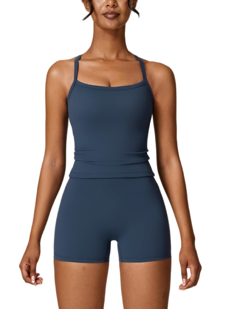 ABOCIW Workout Sets for Women 2 Piece Padded Sports Bra Tank High Waist Booty Gym Shorts Active Wear Yoga Outfits Navy Blue Medium - Image 1