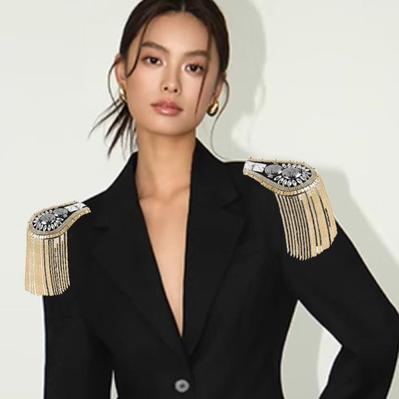 Zthread Blazer Shoulder Epaulets Tassel Chain Metal Epaulettes Beads Punk Fringe Epault by The Pair 3 Color Options (Gold) - Image 2