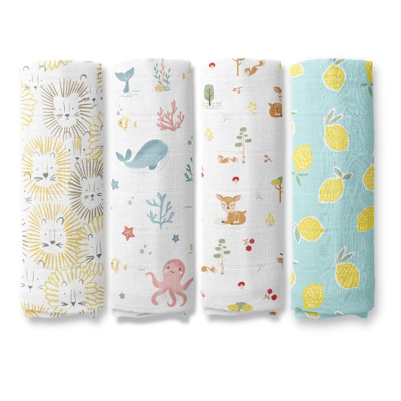 Haus and Kinder 100 Cotton Muslin Swaddles Wrap for Newborn Baby Soft Swaddle Cloth for New Born Baby Swaddle Wrap for New Born New Born Swaddle 100x100 cm Pack of 4 Fruity Fauna Collection
