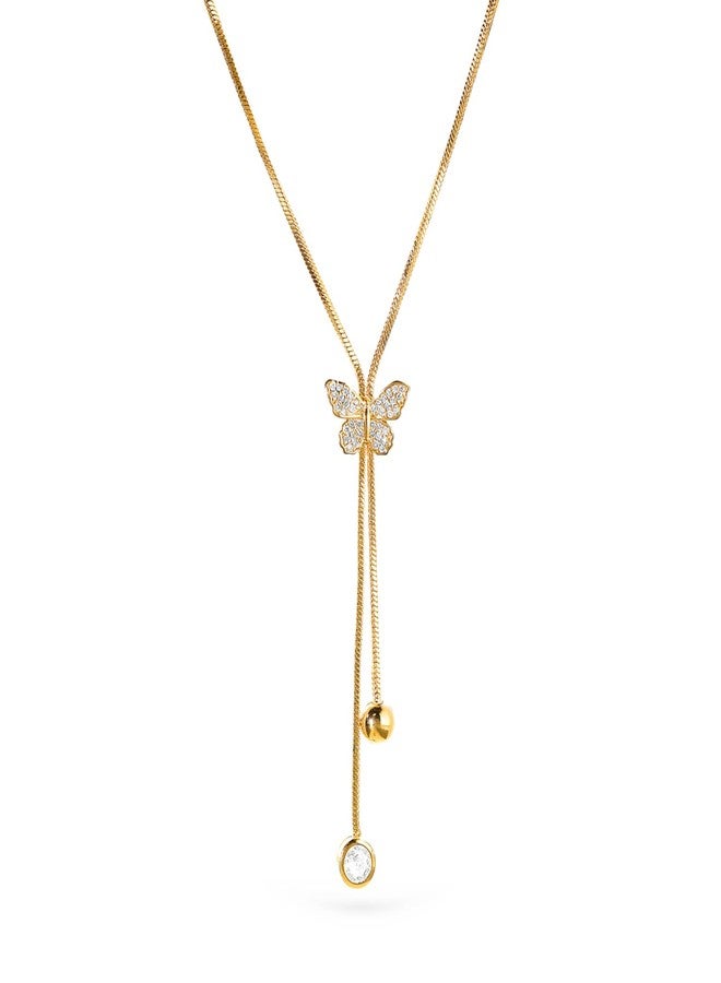 Rubans Womens 18K Gold Plated, Minimal Chain Butterfly Motif Zircons Studded Drop Pendant Necklace. - Image 1