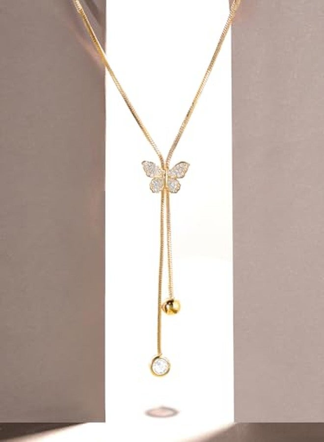 Rubans Womens 18K Gold Plated, Minimal Chain Butterfly Motif Zircons Studded Drop Pendant Necklace. - Image 3