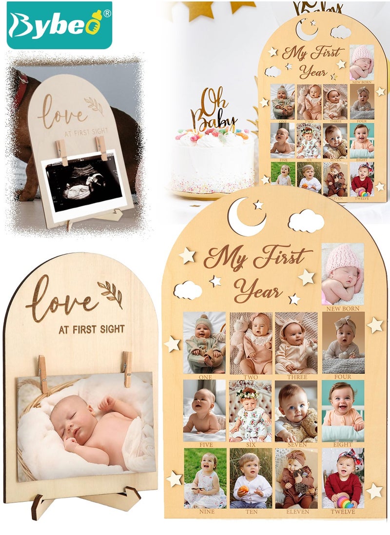 Bybeo 2 Pcs Baby Picture Frame, Baby Keepsake, My First Year Photo Frame Board, Photo Display Wood Board, Milestone Photo Frame for Newborns, Best Gift for Newborn Boys and Girls  - Image 1