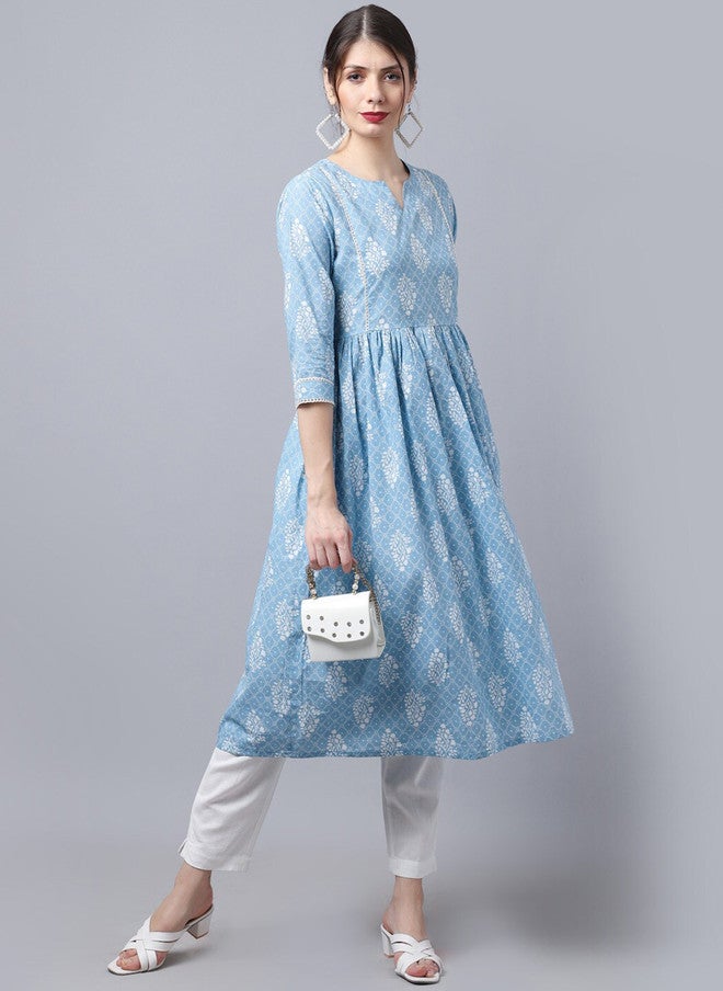 LARGISH Floral Printed Round Neck Cotton Anarkali Kurta in Blue & White - Image 5