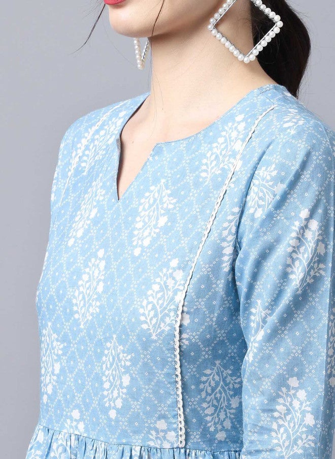 LARGISH Floral Printed Round Neck Cotton Anarkali Kurta in Blue & White - Image 2