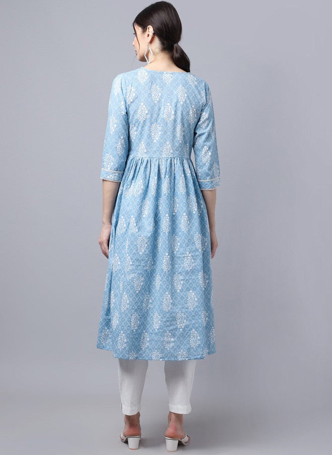 LARGISH Floral Printed Round Neck Cotton Anarkali Kurta in Blue & White - Image 4