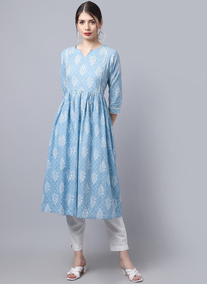 LARGISH Floral Printed Round Neck Cotton Anarkali Kurta in Blue & White - Image 1