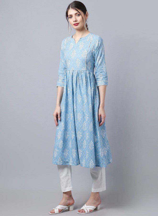 LARGISH Floral Printed Round Neck Cotton Anarkali Kurta in Blue & White - Image 3