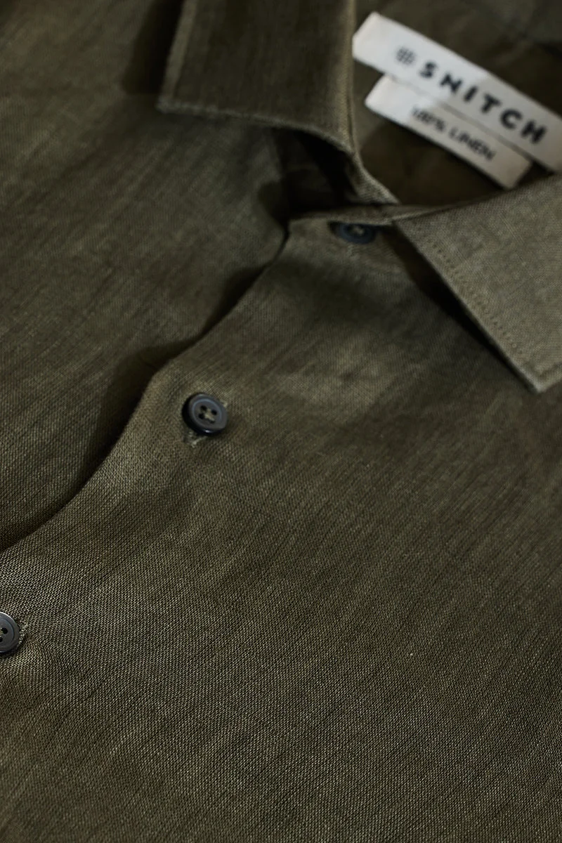 SNITCH Olive Slim Fit 100% Linen Shirt