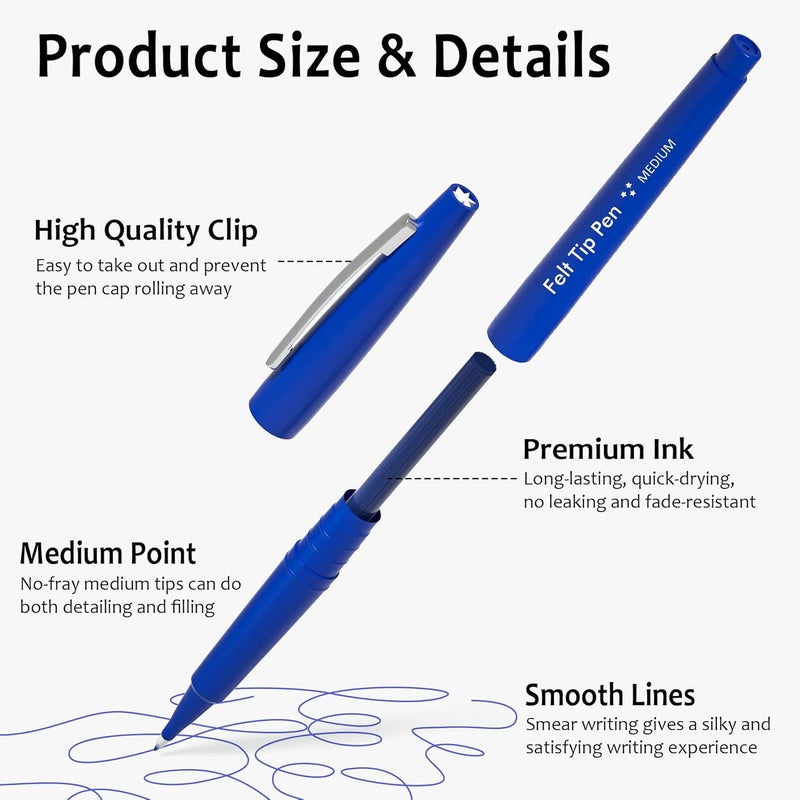 Lelix Felt Tip Pens, 15 Blue Pack, 0.7mm Medium Point, Felt Tip Markers Pens for Journaling, Writing, Note Taking, Planner, Perfect for School Office and Art Supplies - Image 3