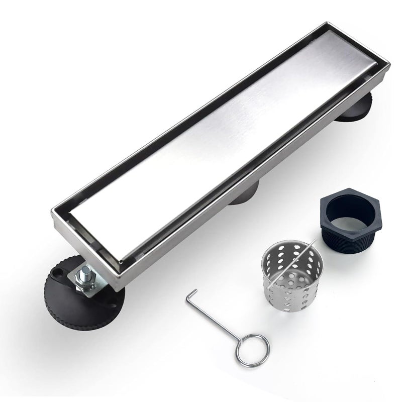 مصرف دش خطي إليفلووم 12 بوصة مع إدخال بلاط 2 في 1 لوحة مصقولة من الفولاذ المقاوم للصدأ 304 مع مصفاة شعر وأقدام قابلة للتعديل