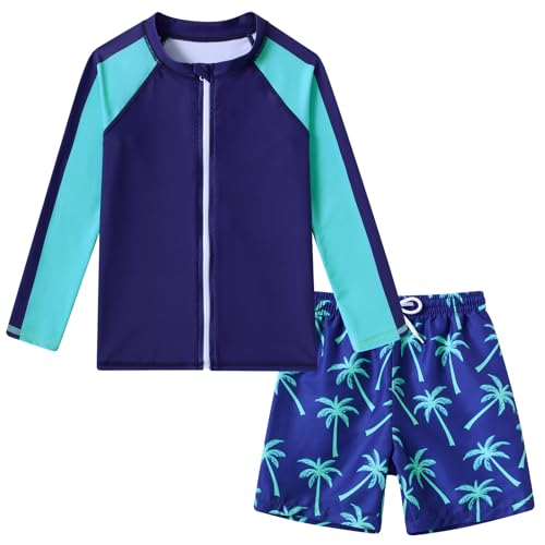 SunFocus 10-12 Boys Swim Set Two Piece Bathing Suit Kid Rash Guard Swimwear Long Sleeve Zipper Hawaiian Swimsuit Swim Trunks with Shirt Blue Palm Tree Size 11t 12t - Image 1
