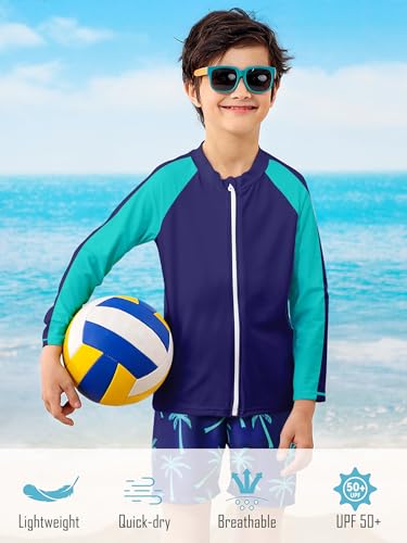 SunFocus 10-12 Boys Swim Set Two Piece Bathing Suit Kid Rash Guard Swimwear Long Sleeve Zipper Hawaiian Swimsuit Swim Trunks with Shirt Blue Palm Tree Size 11t 12t - Image 4