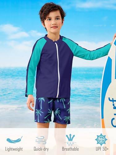 SunFocus 10-12 Boys Swim Set Two Piece Bathing Suit Kid Rash Guard Swimwear Long Sleeve Zipper Hawaiian Swimsuit Swim Trunks with Shirt Blue Palm Tree Size 11t 12t - Image 5