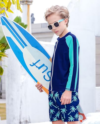SunFocus 10-12 Boys Swim Set Two Piece Bathing Suit Kid Rash Guard Swimwear Long Sleeve Zipper Hawaiian Swimsuit Swim Trunks with Shirt Blue Palm Tree Size 11t 12t - Image 2